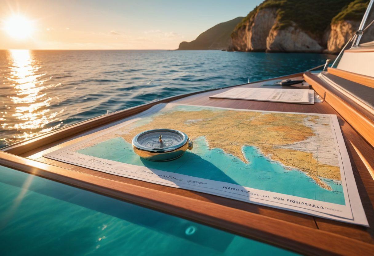 A stunning scene of a luxurious yacht gliding through crystal-clear turquoise waters, surrounded by a picturesque coastline. Include a close-up of a nautical map partially unrolled on the yacht's deck, with a compass and marine insurance documents subtly in the foreground. The sun is setting, casting a warm golden light, enhancing the feeling of adventure and exploration. super-realistic. vibrant colors. 3D.