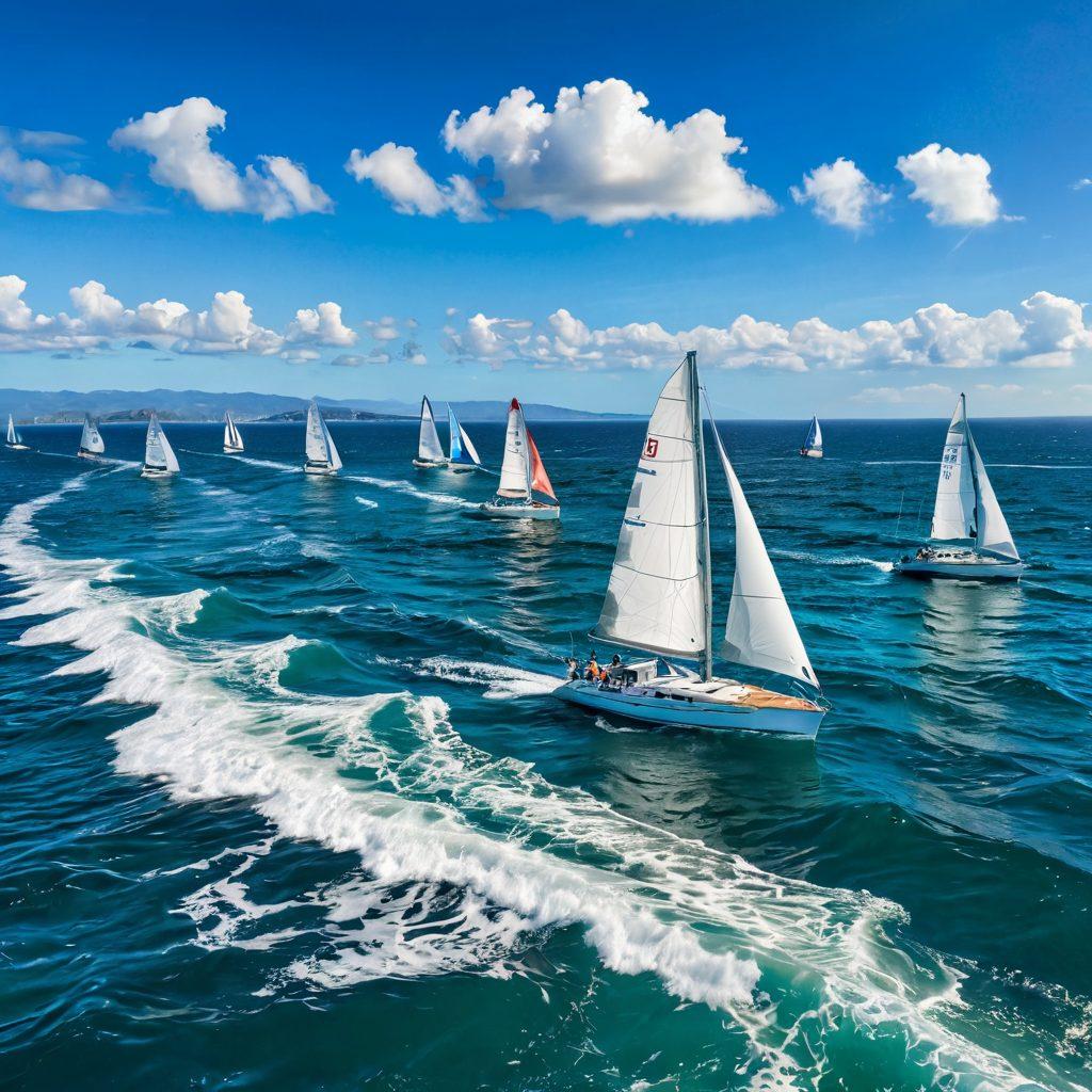 A vast ocean scene featuring various types of sailboats navigating through gentle waves under a bright blue sky. In the foreground, a friendly sailor checks a marine insurance policy document, emphasizing the theme of protection and safety while sailing. Soft sunlight glimmers off the water, and distant islands add depth to the background. This image embodies adventure and security for sailors. vibrant colors. super-realistic.