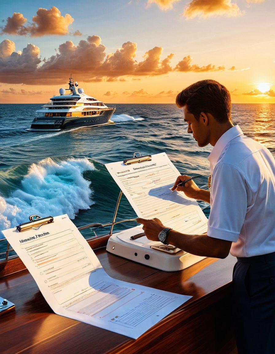 A serene ocean scene featuring a luxurious yacht cruising over gentle waves, with a worried sailor looking at a checklist of safety protocols. In the background, a picturesque sunset casts warm golden hues over the water. Small icons symbolizing insurance and liability hover around the yacht, representing safeguarding adventures. The scene should evoke a sense of tranquility and responsibility. super-realistic. vibrant colors. 3D.